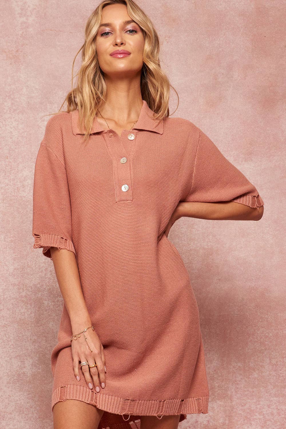 pink rose sweater dress Applique Pleated Long Sleeve Sweater Square Neck, Silvana Rose Mini Dress in Pink, Size XL,