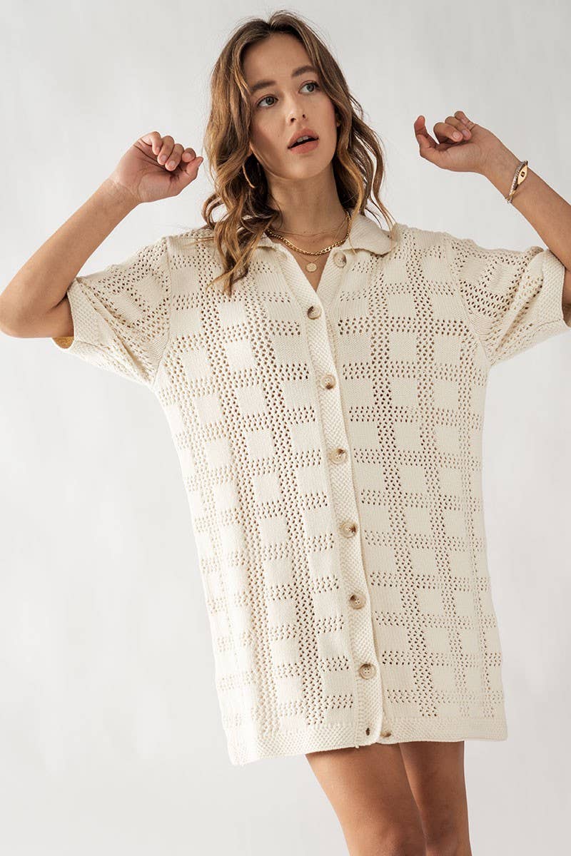 Checkered Crochet Sweater Mini Dress - CACTI & CAMO
