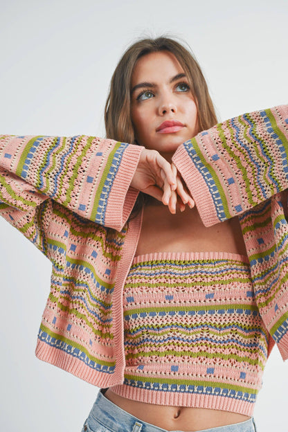 Striped & Geo Pattern Crop Cardigan