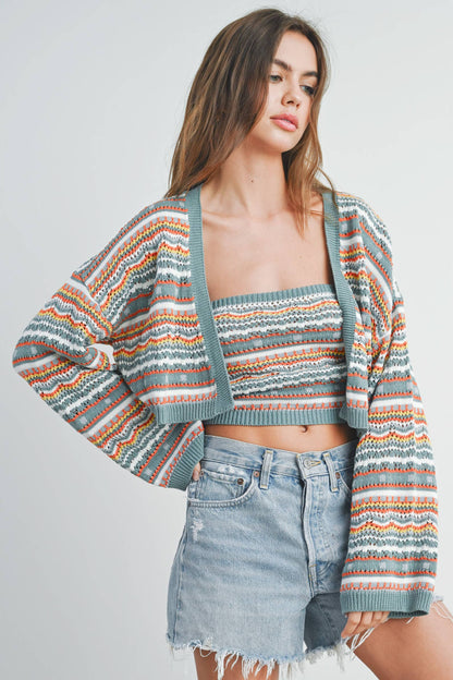 Striped & Geo Pattern Crop Cardigan