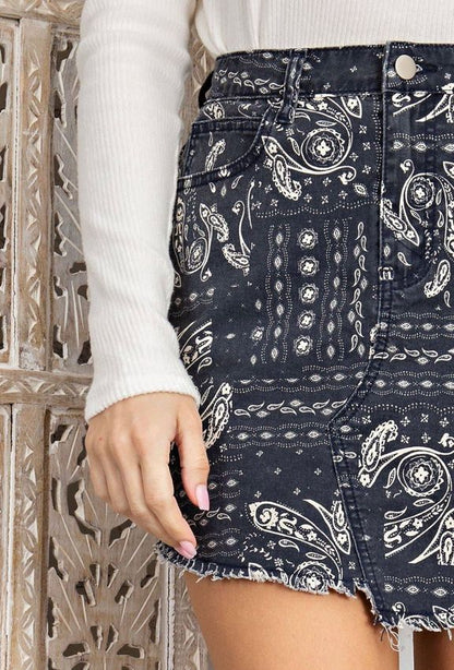 Bandana Frayed Mini Skirt - CACTI & CAMO