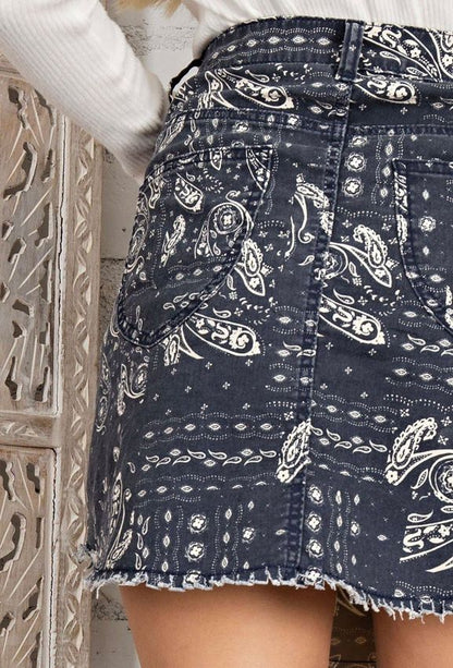 Bandana Frayed Mini Skirt - CACTI & CAMO