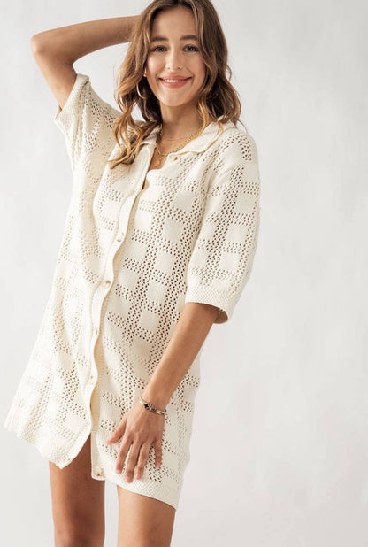 Checkered Crochet Sweater Mini Dress - CACTI & CAMO
