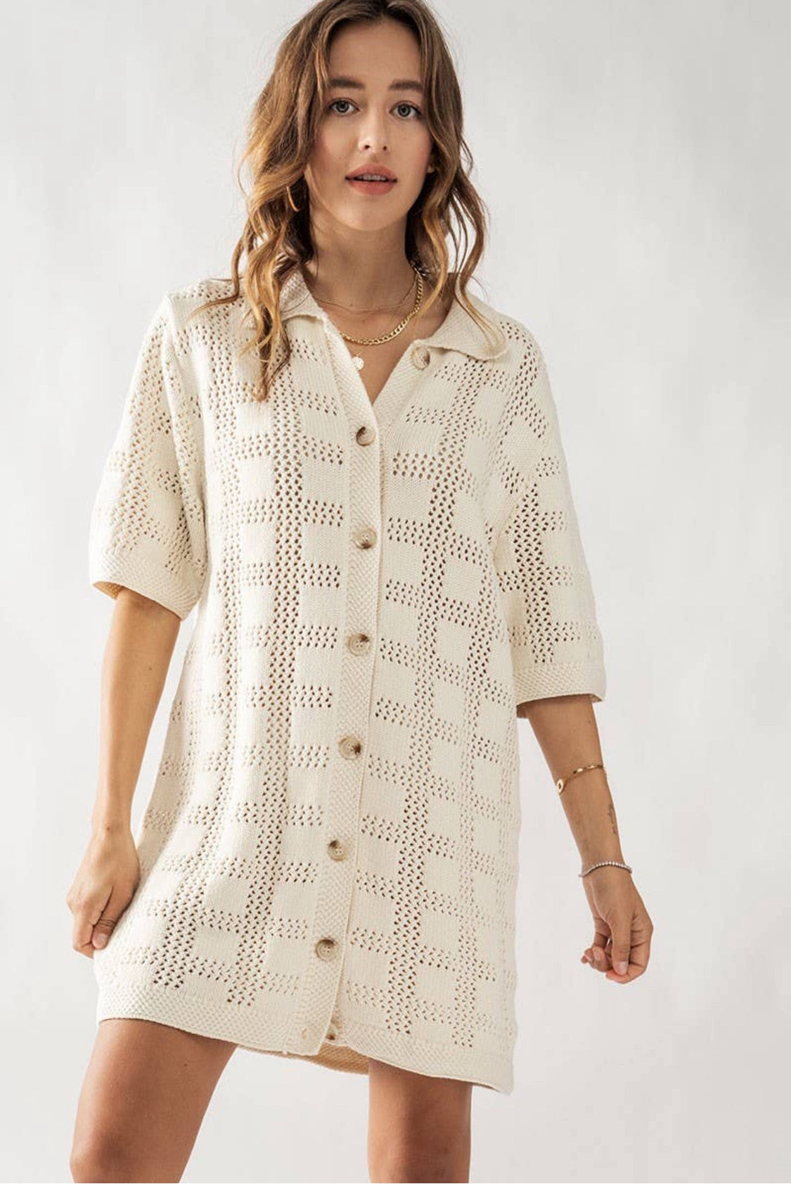 Checkered Crochet Sweater Mini Dress - CACTI & CAMO